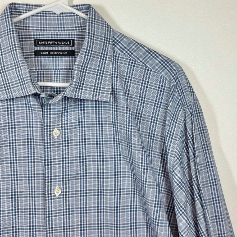 Saks Fifth Avenue Slim Fit Plaid Dress Shirt Long Sleeve Blue Sz 18 1/2 36,37